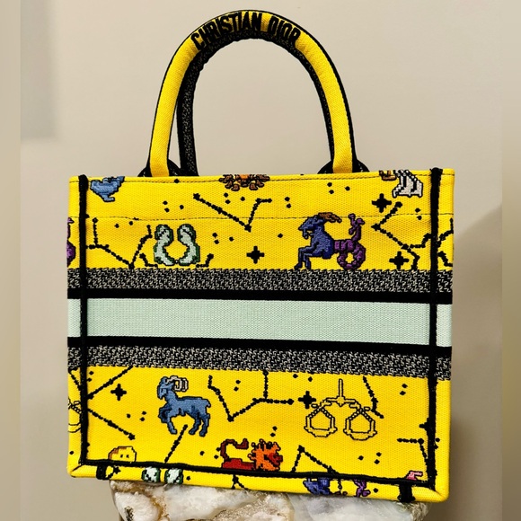 RARE Christian Dior Zodiac Pixel Tote Book Yellow Canvas Handbag Bag - Picture 9 of 17